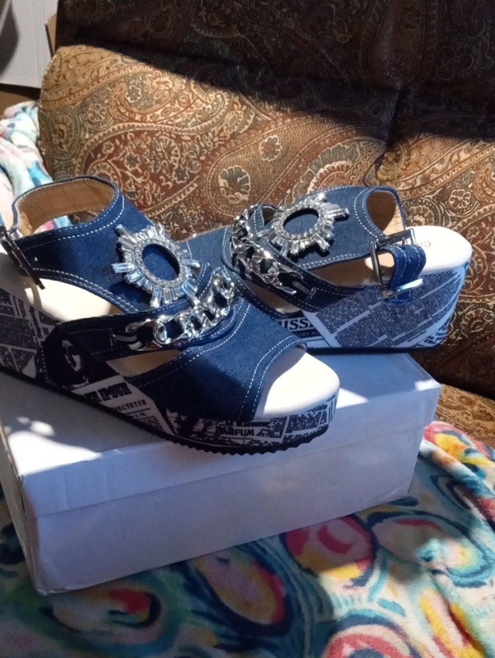 Denim Platform Slingback Sandals with Silver Chain Embellishment 8.5 NIB